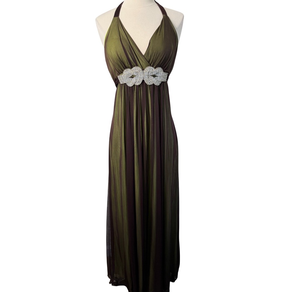 American Vintage Brown Green Rhinestone Halter Maxi Dress Y2K Style Made in USA